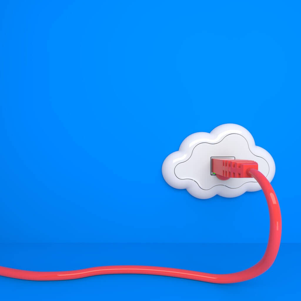 Un tomacorriente en forma de nube conectado con un módem o cable de red
