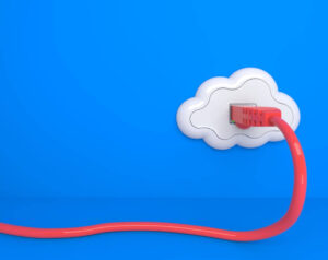 Un tomacorriente en forma de nube conectado con un módem o cable de red